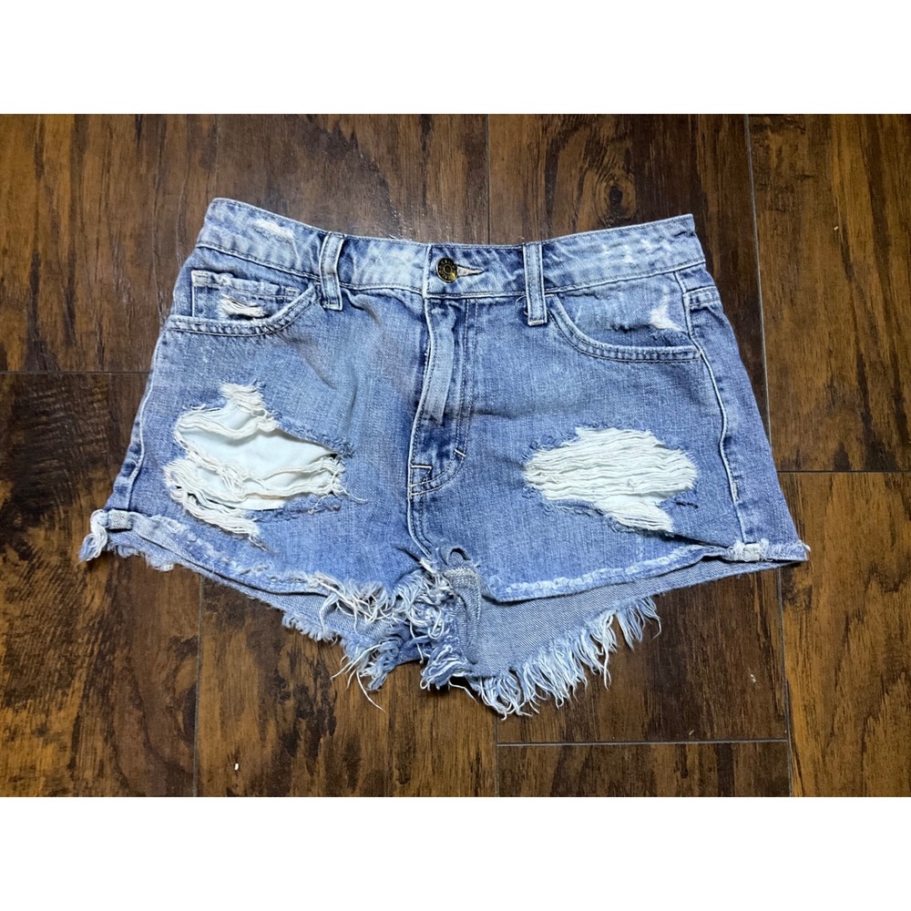 Cello Womens Distressed High Waisted Denim Shorts Blue Size Small Frayed Hem